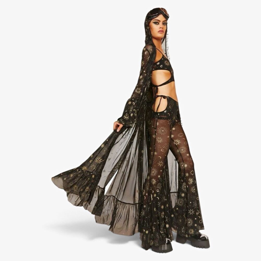 Club Exx Kill Dolls Cosmic Alchemist Mesh Duster Black Gold Celestial Hooded M/L